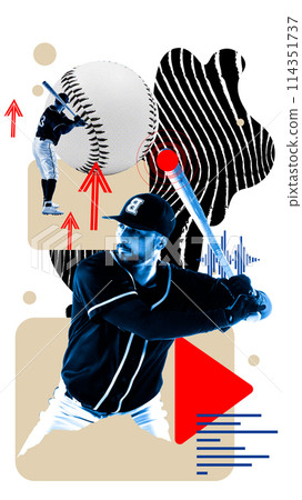 Young bearded man, baseball player standing with bat, practicing against light background with abstract elements. Contemporary art collage. 114351737
