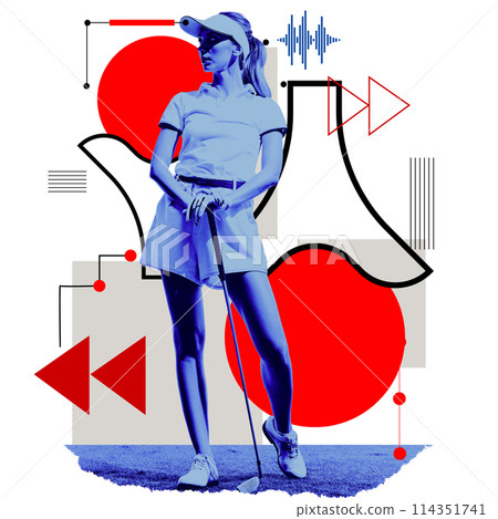 Monochrome blue young woman, standing with golf club against light background with abstract elements. Contemporary art collage. Monochrome blue young woman, standing with golf club against light background with abstract elements. Contemporary art collage. 114351741