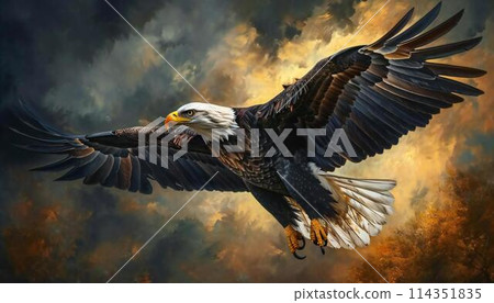A bird of prey with a striking look, a bald eagle, in close-up A bird of prey with a striking look, a bald eagle, in close-up 114351835
