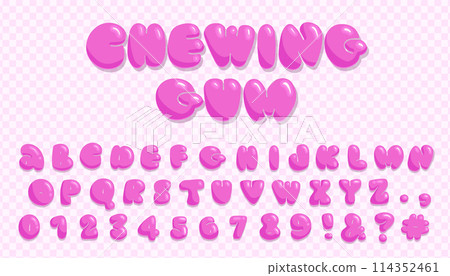 Pink Chewing gum font. Girly sweet latin alphabet, kidcore letters and numbers, cartoon funny chubby abc, childish plump lollipop capitals. Trendy typeface vector cartoon isolated set Pink Chewing gum font. Girly sweet latin alphabet, kidcore letters and numbers, cartoon funny chubby abc, childish plump lollipop capitals. Trendy typeface vector cartoon isolated set 114352461