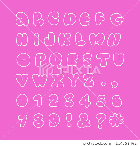 Funny Childish Linear Bubble Alphabet in 90s and 00s style. Playful Letters for birthday party poster, banner, flyer. Contour outline vector ABC Funny Childish Linear Bubble Alphabet in 90s and 00s style. Playful Letters for birthday party poster, banner, flyer. Contour outline vector ABC 114352462