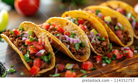 A row of tacos made with various ingredients on a wooden cutting board 114352757