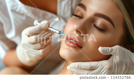 Beautiful young woman receiving botox injection in lips, closeup 114352766
