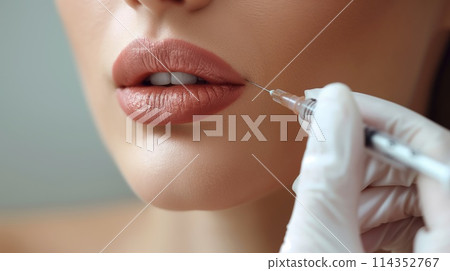 Beautiful young woman receiving botox injection in lips, closeup Beautiful young woman receiving botox injection in lips, closeup 114352767