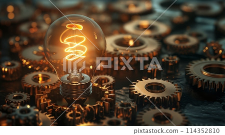 Light tube connected to gear, symbolizing endless electrical energy Light tube connected to gear, symbolizing endless electrical energy 114352810