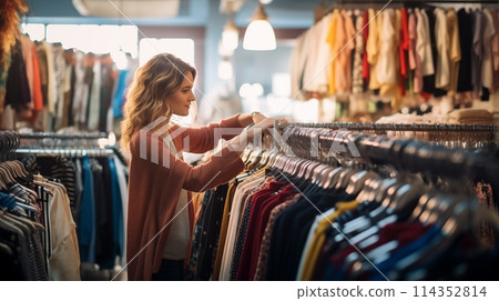 Woman choosing clothes at store, selecting perfect attire Woman choosing clothes at store, selecting perfect attire 114352814