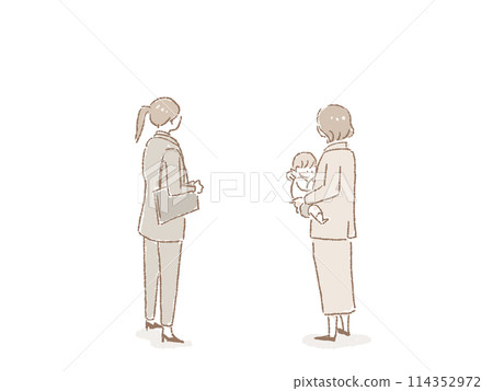 Back view of a woman in a suit and a woman in a suit holding a child Back view of a woman in a suit and a woman in a suit holding a child 114352972