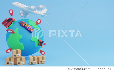 Global logistic system, 3d render logistic and delivery icon concept and copy space on blue background 114353265