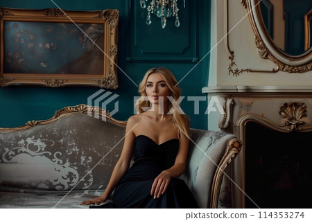 young woman in black dress is sitting on the couch near the fireplace 114353274