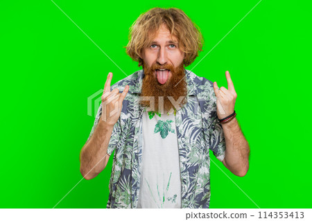 Happy man showing rock n roll gesture by hands, cool sign, crazy expression dancing, victory, win Happy man showing rock n roll gesture by hands, cool sign, crazy expression dancing, victory, win 114353413