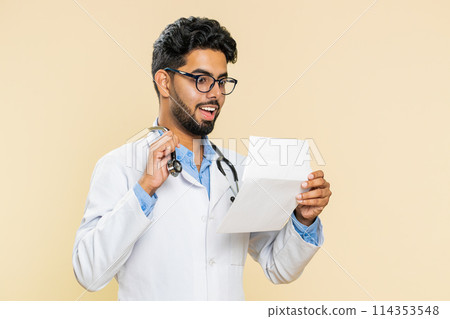 Happy doctor man open envelope take out letter reads, bank loan approve, great news, award, win 114353548