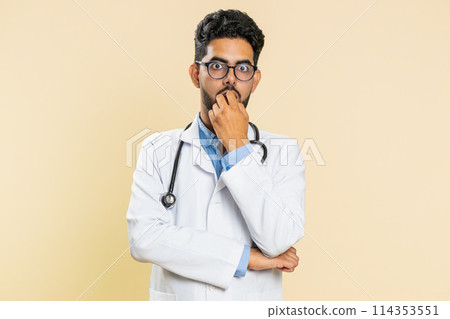 Upset scared doctor man biting nails, feeling worried nervous, trouble, stress, anxiety, guilty Upset scared doctor man biting nails, feeling worried nervous, trouble, stress, anxiety, guilty 114353551