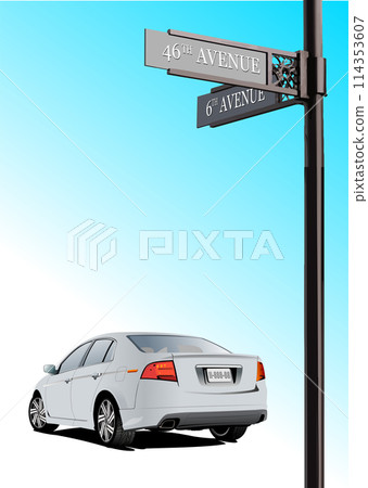 Street roadsign pointer with two arrows and car sedan. 3d vector color illustration 114353607