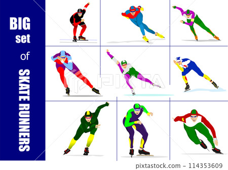 Big set of Speed skating runner. Vector 3d illustration 114353609