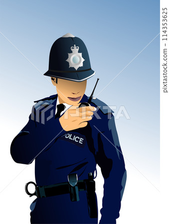 London Policeman with walkie-talkie radio. Vector 3d illustration 114353625