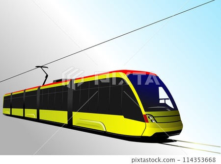 City transport. Modern yellow Tram. Colored Vector 3d illustration for designers 114353668