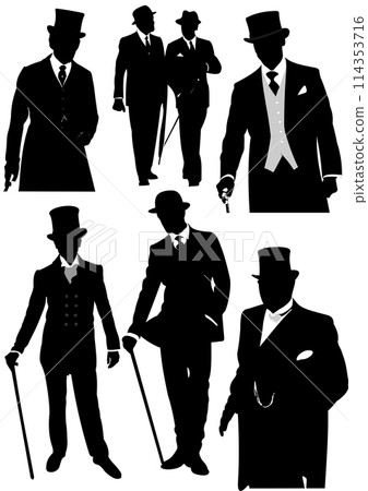 Set of London gentlemen silhouette. B&W vector illustration 114353716