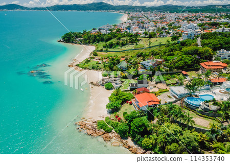 Panoramic drone view. Tropical holiday beach with turquoise ocean in Brazil, Florianopolis. 114353740
