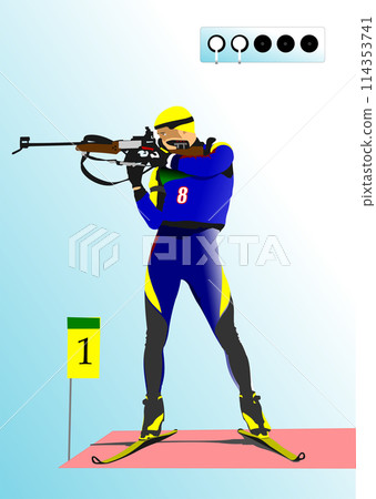 Sportsman biathlete aiming,  rifle shooting in standing position. 3d color vector illustration 114353741
