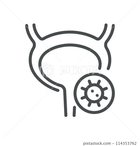 Bladder Virus Infection Icon. Line Illustration of a Bladder with Virus Particle, Representing Viral Infections in the Urinary Tract. Healthcare and Medical Education Materials. Isolated Vector Sign. 114353762