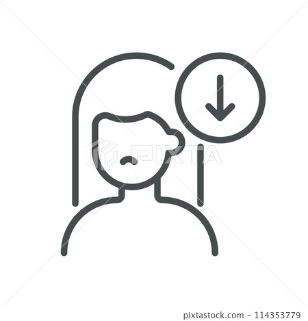 Low Energy Icon. Line Vector Illustration of a Tired Woman Silhouette with Downward Arrow, Symbolizing Fatigue and Lack of Energy. Isolated Outline Sign. 114353779