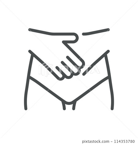 Lower Abdomen Pain Icon. Line Vector Illustration of Hands Pressing on Lower Abdomen, Symbolizing Abdominal Discomfort and Pain. Isolated Outline Sign. 114353780