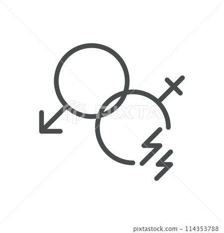 Painful Intercourse Icon. Line Vector Illustration of Gender Symbols with Pain Indicator, Symbolizing Discomfort During Intimacy. Dyspareunia Isolated Outline Sign. Painful Intercourse Icon. Line Vector Illustration of Gender Symbols with Pain Indicator, Symbolizing Discomfort During Intimacy. Dyspareunia Isolated Outline Sign. 114353788