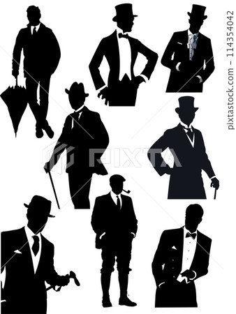 Set ofLondon gentlemen silhouette. Black and white vector illustration Set ofLondon gentlemen silhouette. Black and white vector illustration 114354042