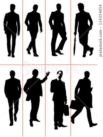 Eight men silhouette. Vector Black and White illustration Eight men silhouette. Vector Black and White illustration 114354054