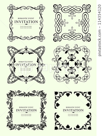 Set of ornate vector frames and ornaments with sample text. Perfect as invitation or announcement. All pieces are separate. Easy to change colors and edit. Set of ornate vector frames and ornaments with sample text. Perfect as invitation or announcement. All pieces are separate. Easy to change colors and edit. 114354120