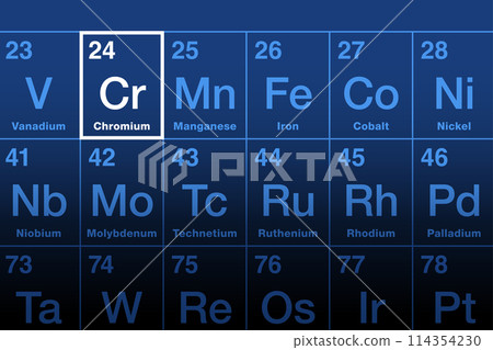 Chromium element on the periodic table. Transition metal, and chemical element with symbol Cr and atomic number 24. Valued for its high corrosion resistance and hardness, and used for chrome plating. Chromium element on the periodic table. Transition metal, and chemical element with symbol Cr and atomic number 24. Valued for its high corrosion resistance and hardness, and used for chrome plating. 114354230