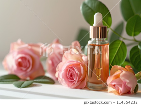 Rose cosmetic oil in a glass bottle with pipette dropper, decorated with fresh natural rose flowers on the background and leaves, light background, copy space for text, mock up product 114354232