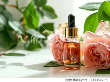 Rose cosmetic oil in a glass bottle with pipette dropper, decorated with fresh natural rose flowers on the background and leaves, light background, copy space for text, mock up product Rose cosmetic oil in a glass bottle with pipette dropper, decorated with fresh natural rose flowers on the background and leaves, light background, copy space for text, mock up product 114354233