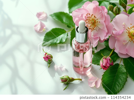 Rosehip cosmetic oil in a glass bottle with pipette dropper, decorated with fresh natural rosehip flowers on the light background with copy space for text, mockup product 114354234
