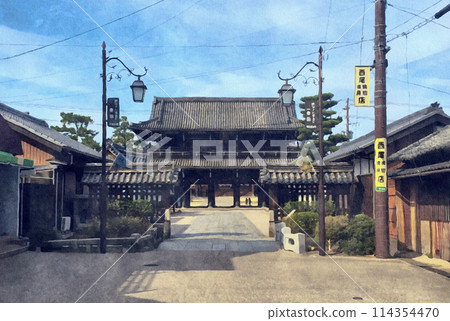 The main gate of Takada Honzan Senshu-ji Temple in the center of Isshinden-cho, Tsu City, and the building of the national treasure, Miedo Hall, at the back (partly AI-generated) 114354470