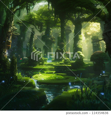 陽光透過樹林灑落的夢幻森林 陽光透過樹林灑落的夢幻森林 114354636