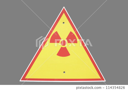 Radiation hazard sign, trees and truck on a background, metal Radiation hazard sign, trees and truck on a background, metal 114354826