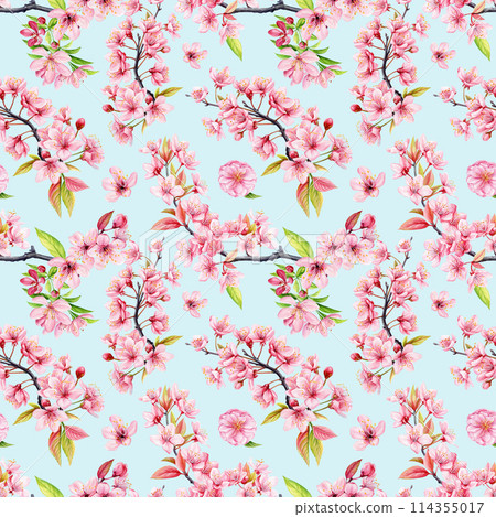 Sakura Watercolor flowers. Seamless pattern of pink cherry flowers, floral background template. Modern seamless pattern. 114355017