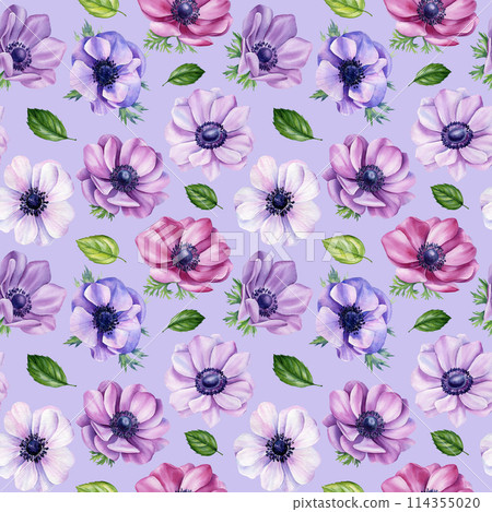 Anemone Watercolor flowers. Seamless pattern of flowers with leaf background template. Modern seamless pattern. Anemone Watercolor flowers. Seamless pattern of flowers with leaf background template. Modern seamless pattern. 114355020