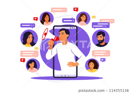 Man with megaphone on screen mobile phone and young people surrounding her. Vector illustration in flat with characters - influence blogger promotion services and goods for his followers online. 114355136