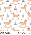 A simple seamless pattern in a flat style. Unicorn. For decoration of children's room, textiles, wrapping paper, wallpaper. Vector. 114355185