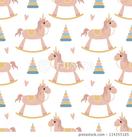 A simple seamless pattern in a flat style. Unicorn. For decoration of children's room, textiles, wrapping paper, wallpaper. Vector. 114355185