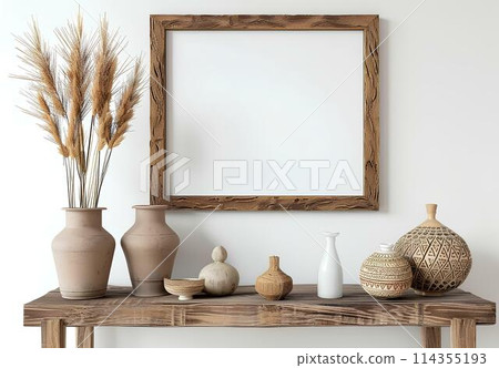 Interior of living room with wooden shelf, vases and plants. Mock up poster frame.  114355193