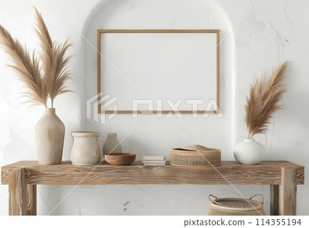 Interior of living room with wooden shelf, vases and plants. Mock up poster frame.  114355194