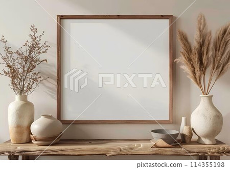 Interior of living room with wooden shelf, vases and plants. Mock up poster frame. Interior of living room with wooden shelf, vases and plants. Mock up poster frame. 114355198
