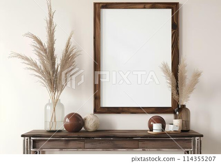 Interior of living room with wooden shelf, vases and plants. Mock up poster frame.  114355207