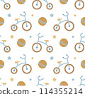 A simple seamless pattern in a flat style. Children's tricycle. For decorating children's room, textiles, wrapping paper, wallpaper. Vector. 114355214