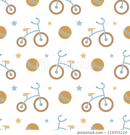 A simple seamless pattern in a flat style. Children's tricycle. For decorating children's room, textiles, wrapping paper, wallpaper. Vector. A simple seamless pattern in a flat style. Children's tricycle. For decorating children's room, textiles, wrapping paper, wallpaper. Vector. 114355214
