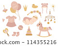 Cute little girl baby set. Collection of vector elements on white background for design of cards, posters, stickers, stickers. 114355216
