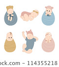Set of vector elements on white background. Newborn babies, girls and boys. for decoration of cards, banners, posters, stickers, stickers. 114355218